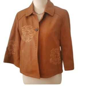 GENUINE LEATHER  Medallion Print Camel Brown Swing Jacket Coldwater Creek MP